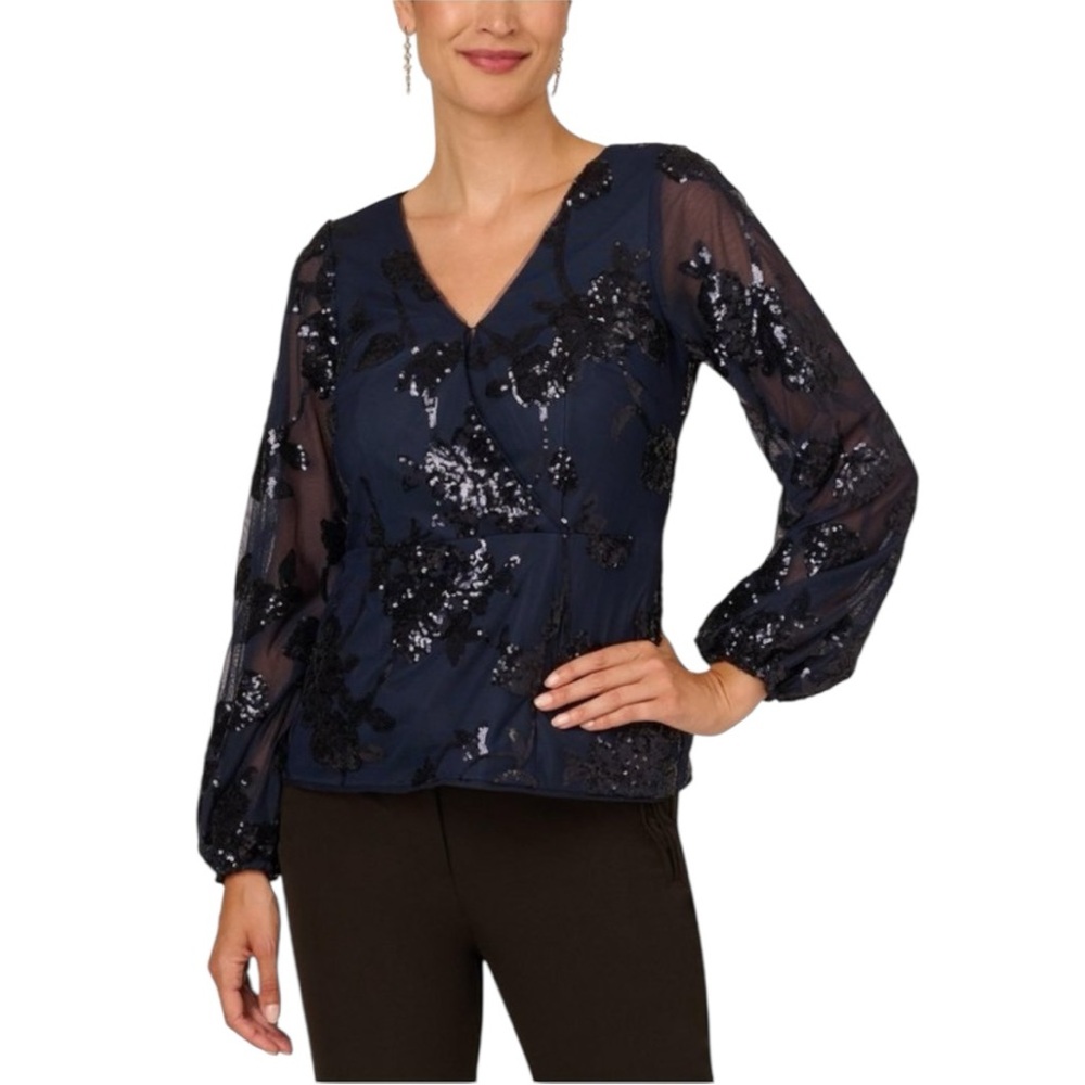 Adrianna Papell Midnight Navy Floral Sequins Top size 2 Long Sleeves Evening NWT